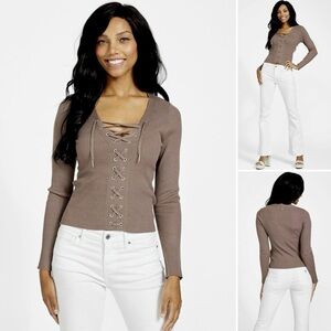 Guess Taupe Lace-Up Ribbed V-Neck Long Sleeve Pullover Sweater Top XS